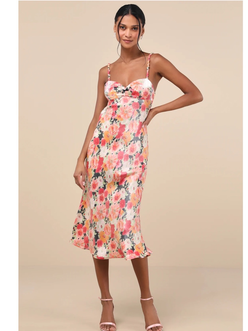 Lulus Sensational Spirit Peach Multi Floral Satin Tie-Back Midi Dress NWT Small